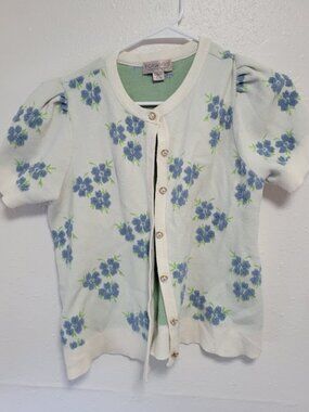 Forward Young Contemporary Floral Cardigan Women's XL Blue White Puff Sleeve